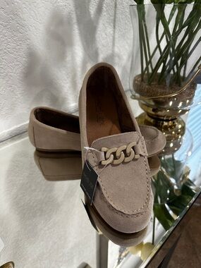 Rachel Zoe Taupe Suede Loafers with Chain Accent